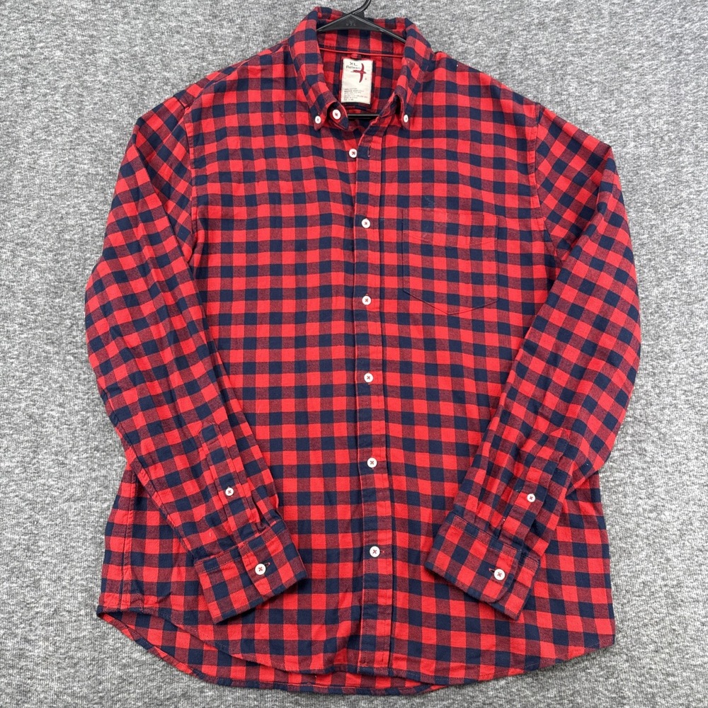Relwen Mens Red Navy Buffalo Plaid Flannel Shirt Check Button Front Cotton LS XL